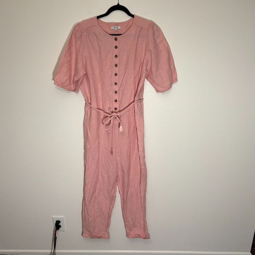 Madewell Short Sleeve Round Neck Linen Blend Tassel Tie Jumpsuit Size XL Pink